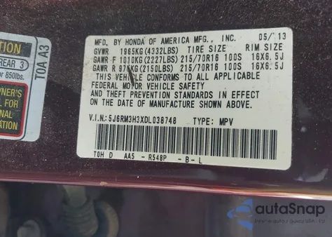 2013 Honda Cr-V Lx из США, поврежденный, VIN 5J6RM3H3XDL038748